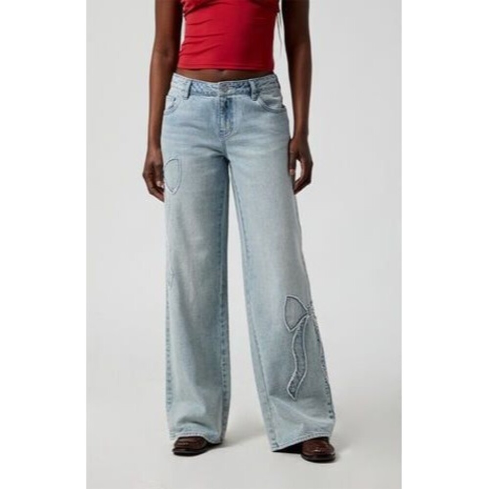 PacSun Casey Low Rise Baggy Jeans Women 23 Bow Detail Wide Leg Light Wash NWT